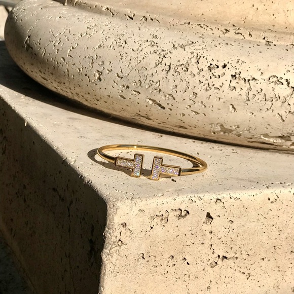 18K Gold Diamond T Bracelet T Bar Bracelet Silver Cuff T Bangle - Picture 4 of 4